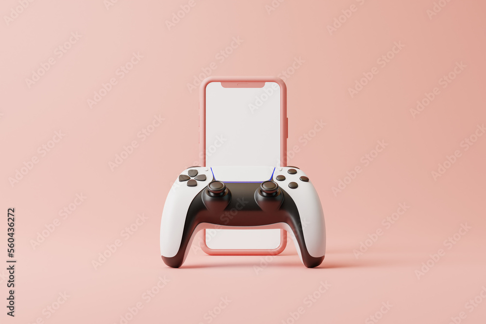 Poster gamepad and phone on a pink background with copy space. joystick for video game. game controller. cr