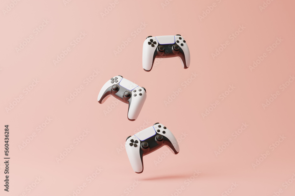 Poster flying gamepad on a pink background with copy space. joystick for video game. game controller. creat