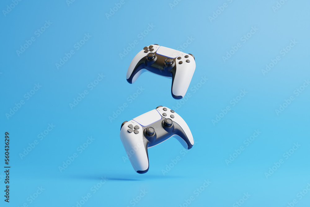 Fototapete Flying gamepad on a blue background with copy space. Joystick for video game. Game controller. Creative Minimal Gaming concept. Front view. 3D rendering illustration