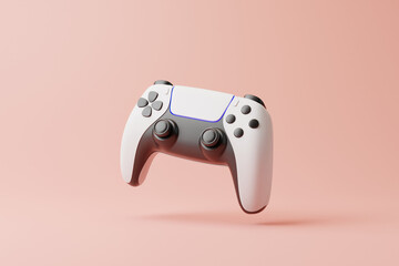 Flying gamepad on a pink background with copy space. Joystick for video game. Game controller. Creative Minimal Gaming concept. Front view. 3D rendering illustration © Andrii