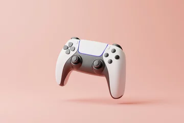 Foto op Canvas Flying gamepad on a pink background with copy space. Joystick for video game. Game controller. Creative Minimal Gaming concept. Front view. 3D rendering illustration © Andrii