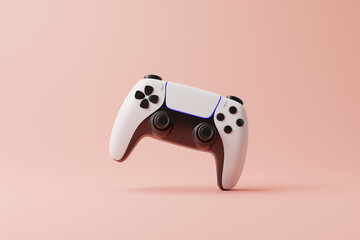 Flying gamepad on a pink background with copy space. Joystick for video game. Game controller. Creative Minimal Gaming concept. Front view. 3D rendering illustration © Andrii