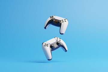 Flying gamepad on a blue background with copy space. Joystick for video game. Game controller. Creative Minimal Gaming concept. Front view. 3D rendering illustration © Andrii