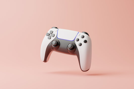 Flying gamepad on a pink background with copy space. Joystick for video game. Game controller. Creative Minimal Gaming concept. Front view. 3D rendering illustration