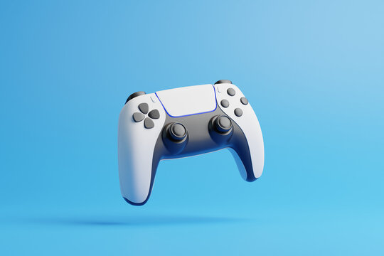 Flying gamepad on a blue background with copy space. Joystick for video game. Game controller. Creative Minimal Gaming concept. Front view. 3D rendering illustration