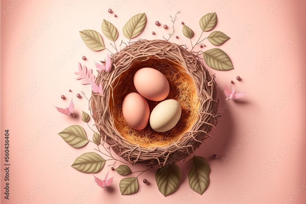 Poster a bird nest with three eggs in it on a pink background with leaves and flowers around it, with a pin