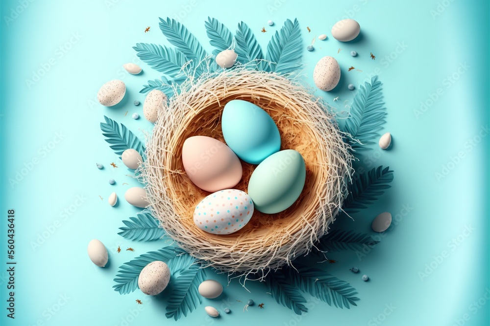 Poster a nest with eggs and leaves on a blue background with a blue background and a blue background with a