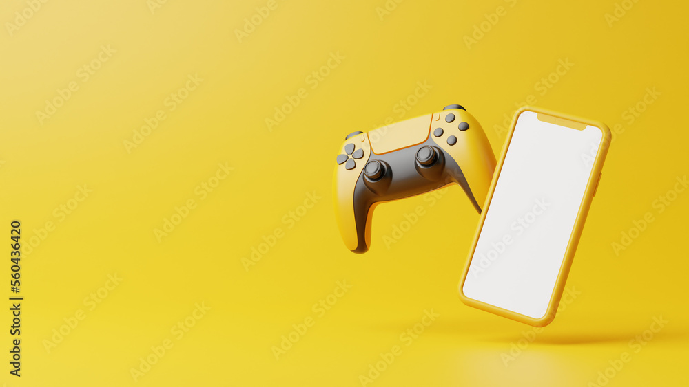 Poster flying gamepad and phone on a yellow background with copy space. joystick for video game. game contr