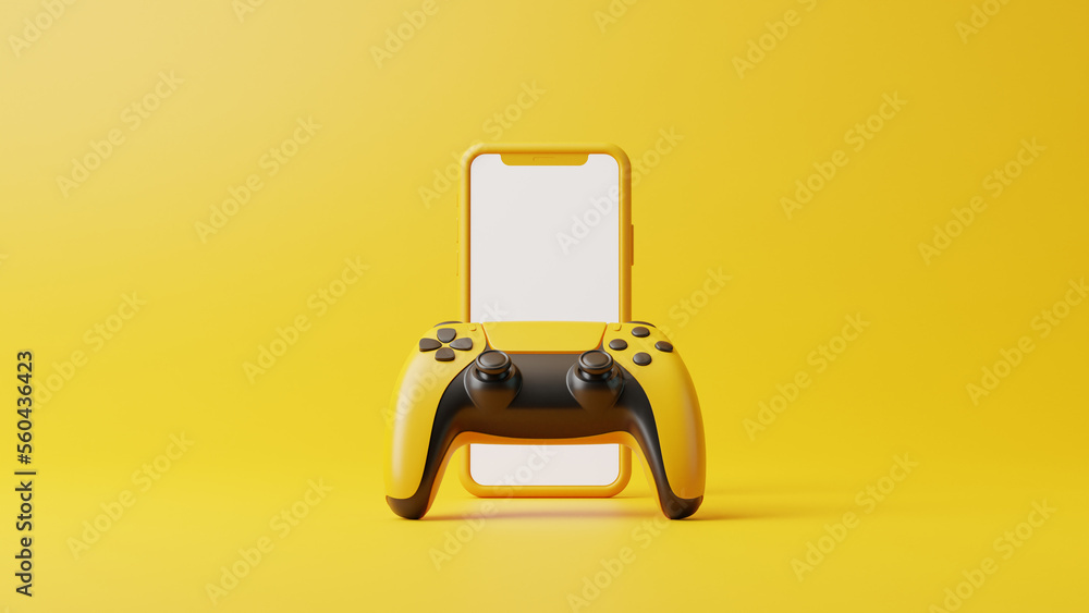 Poster gamepad and phone on a yellow background with copy space. joystick for video game. game controller. 