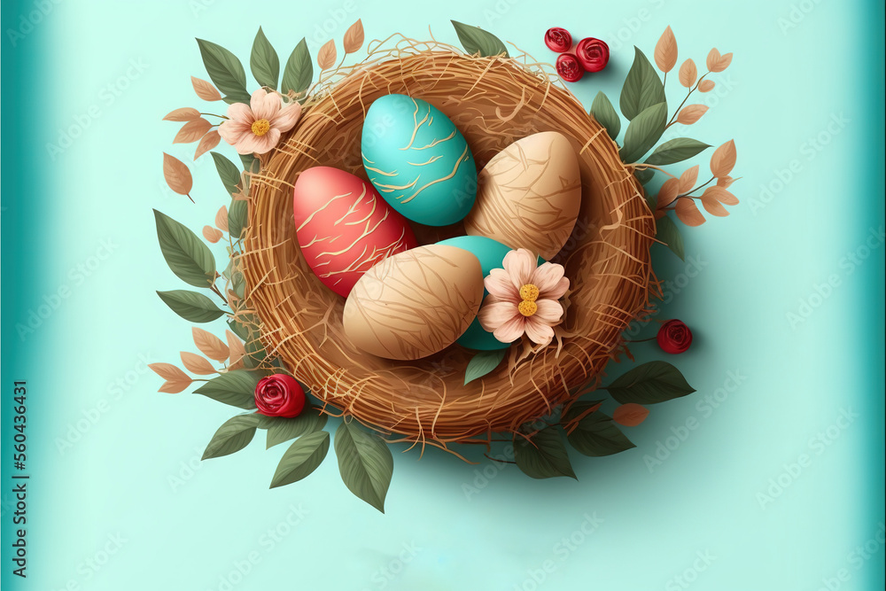 Poster a basket with eggs and flowers on a blue background with a name of the easter season written below i