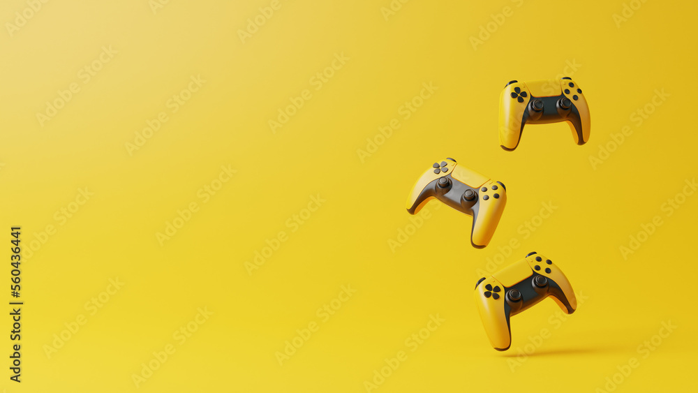 Poster flying gamepad on a yellow background with copy space. joystick for video game. game controller. cre