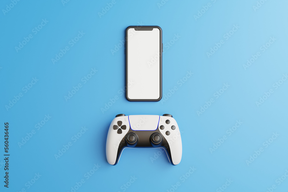 Poster gamepad and phone on a blue background with copy space. joystick for video game. game controller. cr