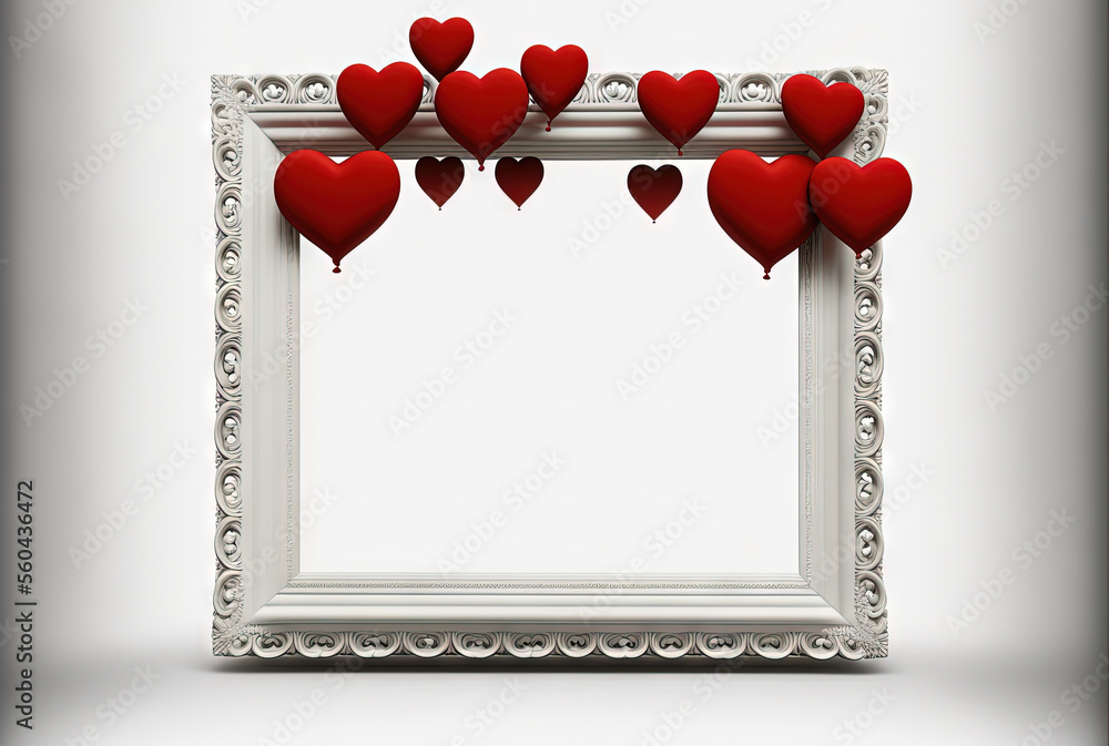Poster a white frame with red hearts hanging from it's sides and a white background with a white border aro