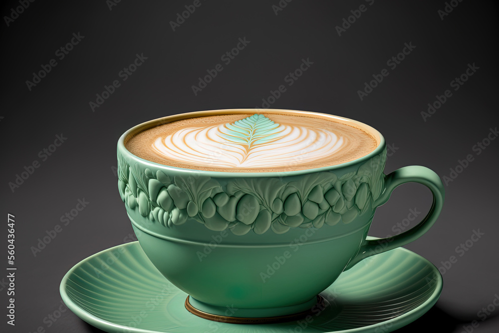 Aufkleber with a clipping path inside, a side view of hot latte coffee with latte art is shown in a porcelain 