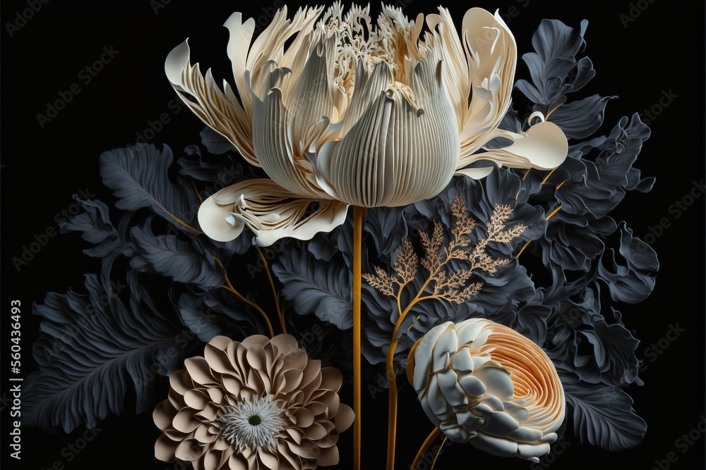 Poster a bunch of flowers that are on a black background with a black background behind them and a black ba