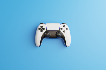 Gamepad on a blue background with copy space. Joystick for video game. Game controller. Creative Minimal Gaming concept. Top view. 3D rendering illustration © Andrii