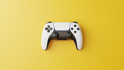 Gamepad on a yellow background with copy space. Joystick for video game. Game controller. Creative Minimal Gaming concept. Top view. 3D rendering illustration