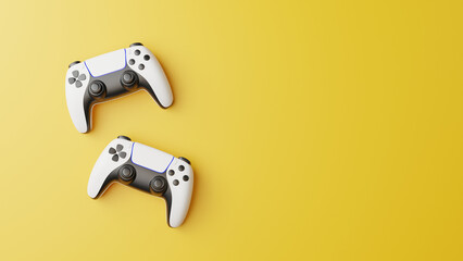 Gamepad on a yellow background with copy space. Joystick for video game. Game controller. Creative Minimal Gaming concept. Top view. 3D rendering illustration