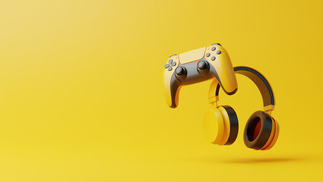 Flying gamepad and headphone on a yellow background with copy space. Joystick for video game. Game controller. Creative Minimal Gaming concept. Front view. 3D rendering illustration