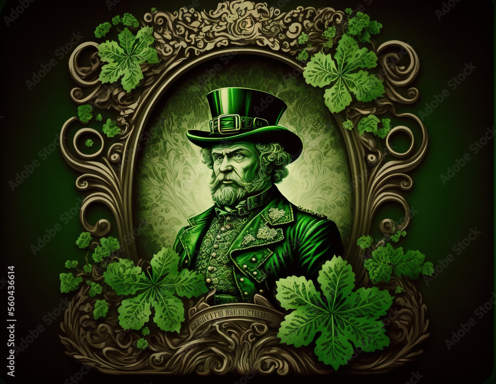 Poster a man in a green hat and green jacket with shamrocks around him and a green frame around him with a 