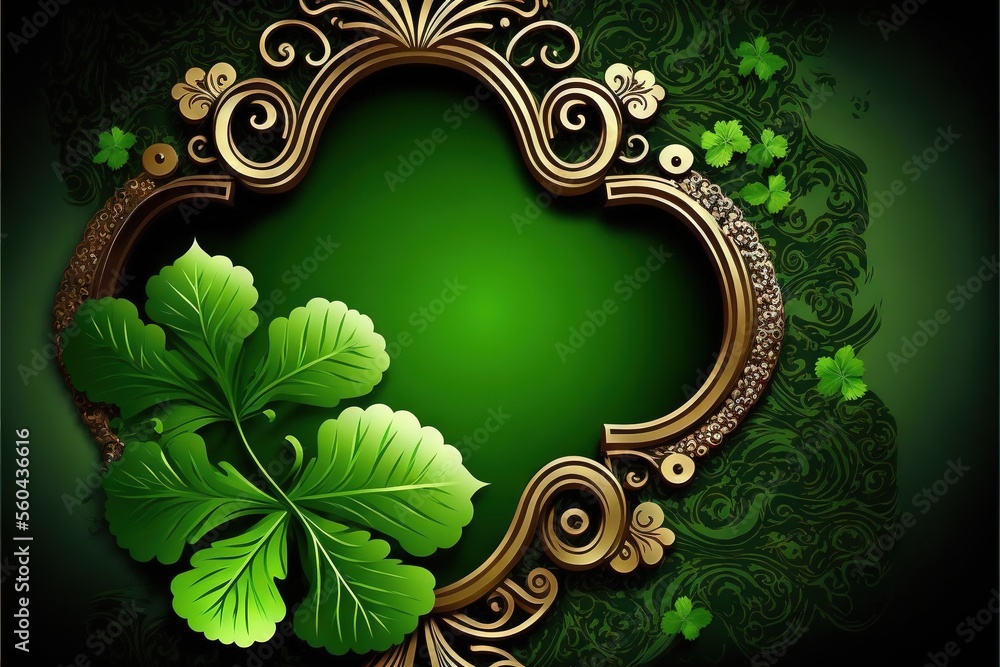 Poster a green background with a leaf and a gold frame on it, with a shamrock leaf in the center of the fra