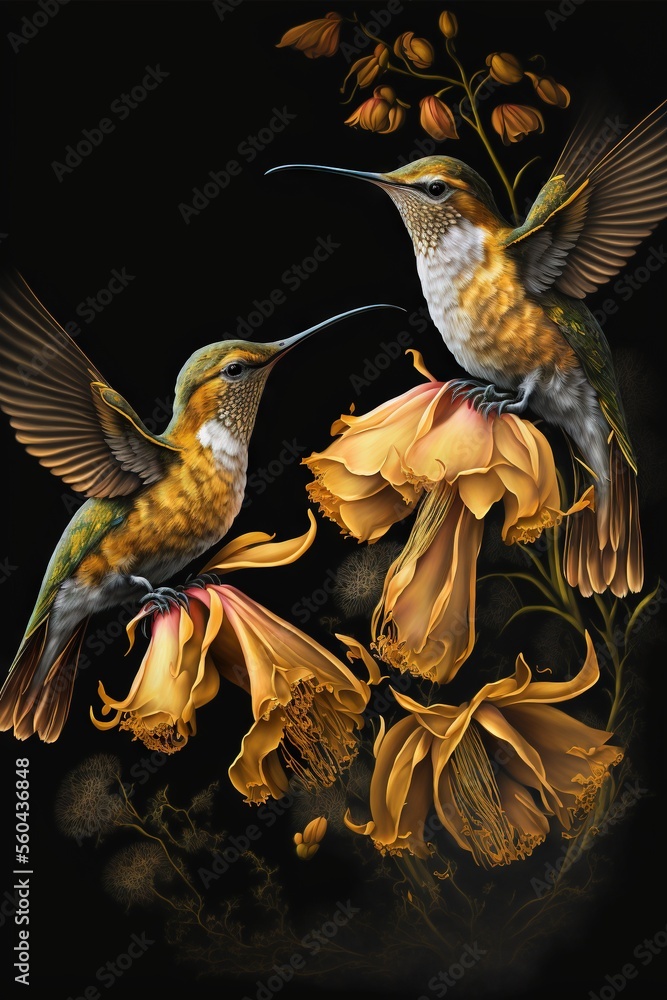 Poster two hummingbirds are flying over a flower with yellow petals on it's petals and a black background w