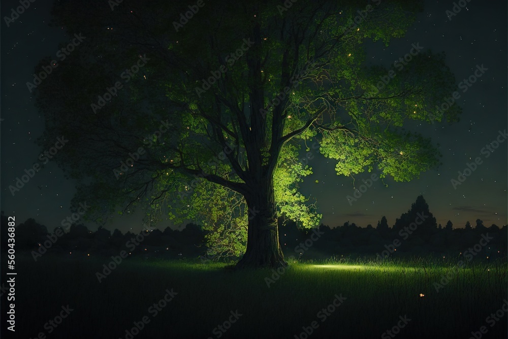 Poster a tree with a light shining on it at night time in a field with grass and trees in the background, w