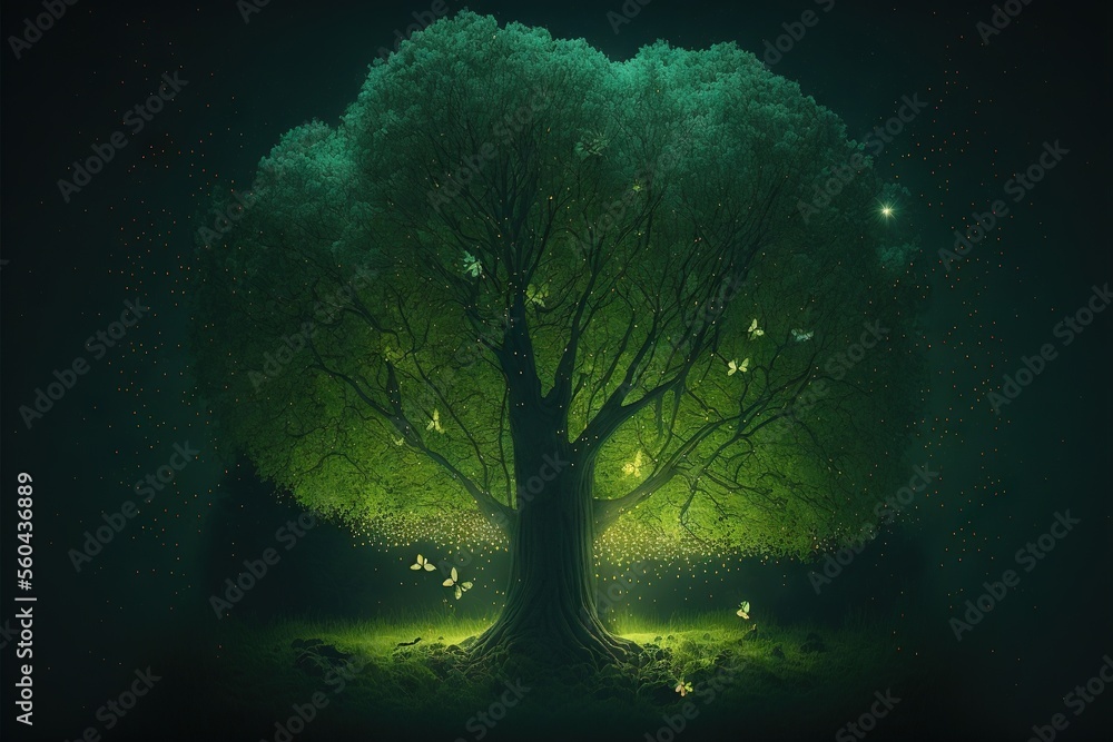 Aufkleber a tree with a lot of birds flying around it at night time with stars in the sky above it and a green