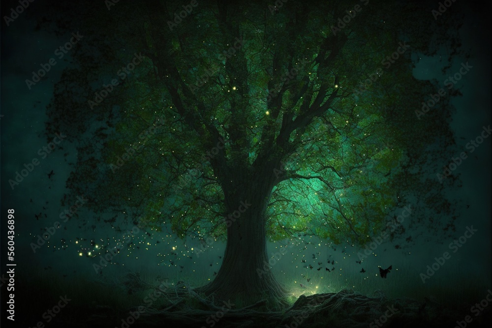 Poster a tree with a light shining from its trunk and leaves on it's trunk, in the middle of a dark forest 