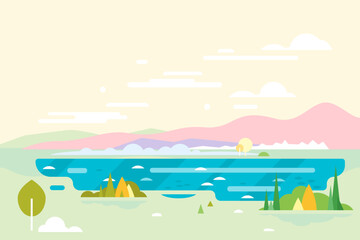 Nature landscape with lake and mountains in light warm colors, trees and spruces, ground with grass, sample geometric shapes, flat style