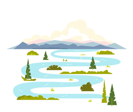 Meandering river flows from the mountains, wraps around trees and shrubs, sample geometric shapes, flat illustration on white background
