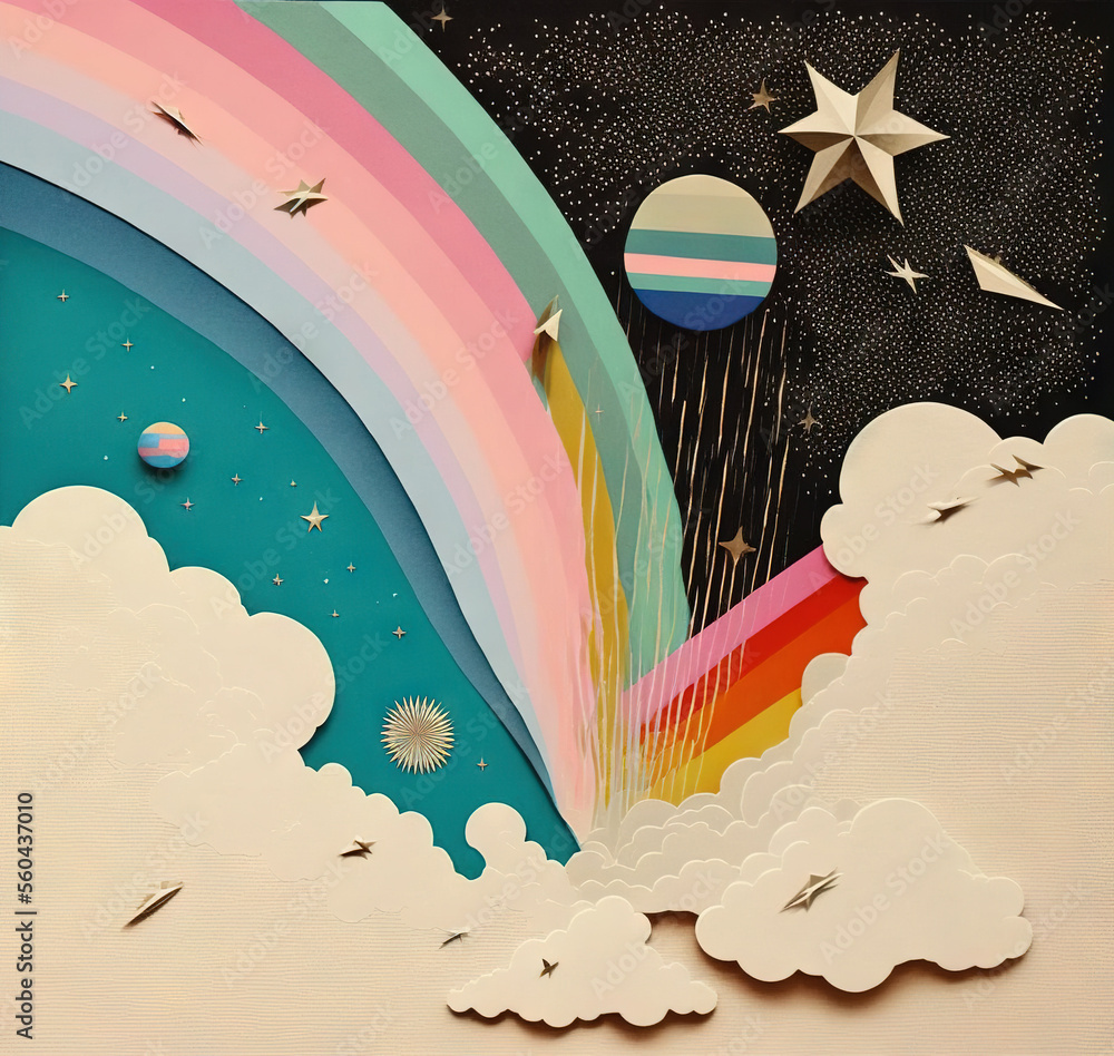 Poster a paper cut of a rainbow and stars in the sky with clouds and a rainbow in the sky with a rainbow an