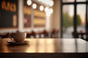 Fototapeta premium Copy space of table top counter on blur bokeh coffee cafe abstract background with morning sunlight from window. Generative AI