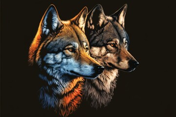 Color, graphic portrait of a pair of wolves on a black background. Digital graphics. AI