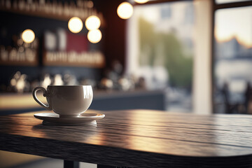 Copy space of table top counter on blur bokeh coffee cafe abstract background with morning sunlight from window. Generative AI