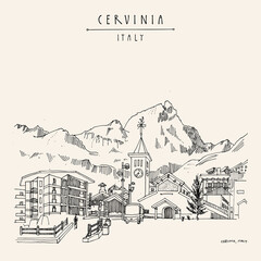 Vector Cervinia, Northern Italy, postcard. Matterhorn mountain. Old residential buildings, hotels on a winter day. Italian Alpine ski resort. Hand drawn travel sketch. Vintage artistic poster