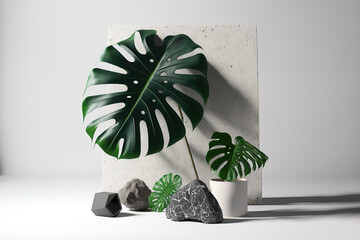 platform for displaying stone goods featuring a white background and a monstera leaf. Generative AI