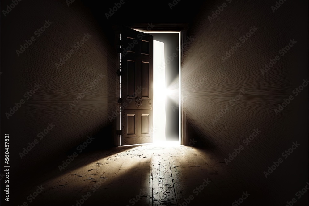 Aufkleber a door is open in a dark room with light coming through it and a light coming in from the door is sh