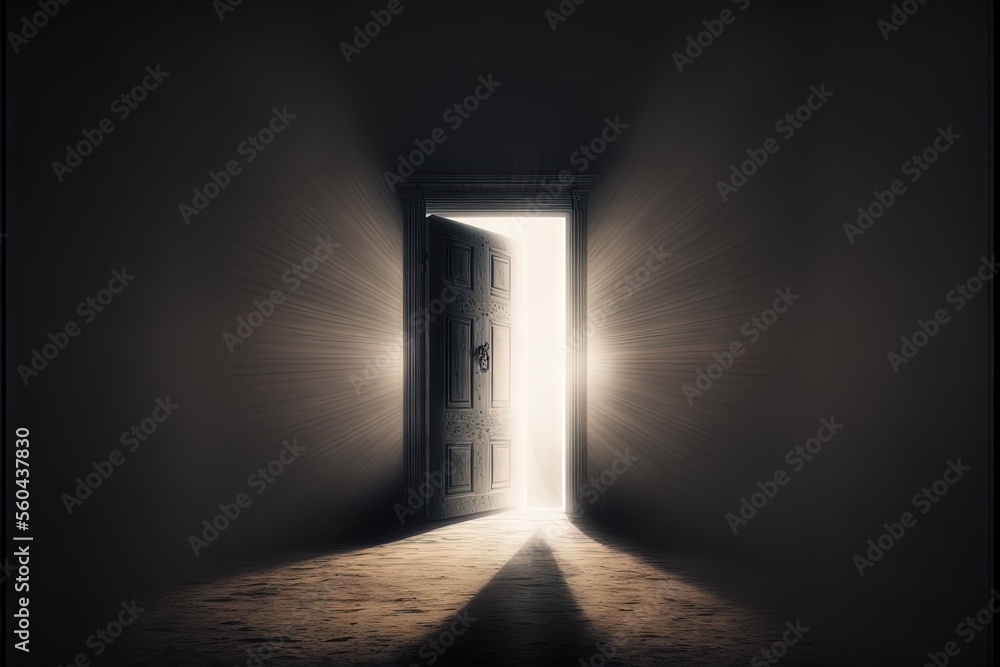 Poster a door is open in a dark room with light coming through it and a light coming through the door is sh