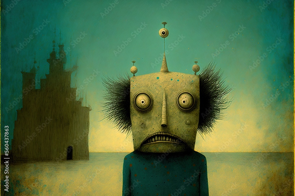 Poster a painting of a weird looking robot with a weird head and spikes on his head, standing in front of a