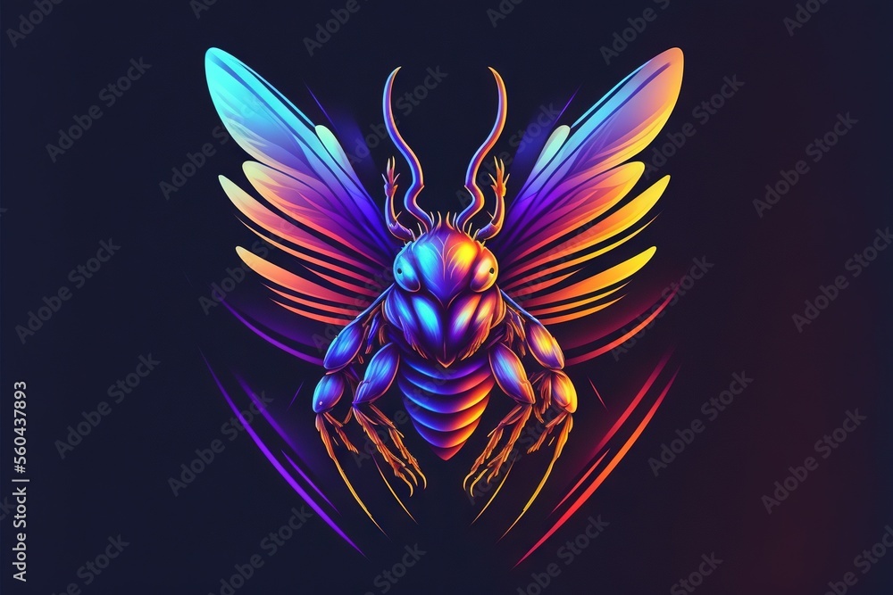 Poster a colorful insect with wings on a black background with a blue background and a red and yellow backg