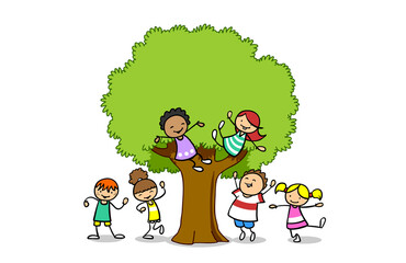 Group of cartoon kids climbs on tree and have fun