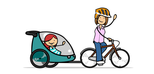 Mom rides daughter on bike in trailer