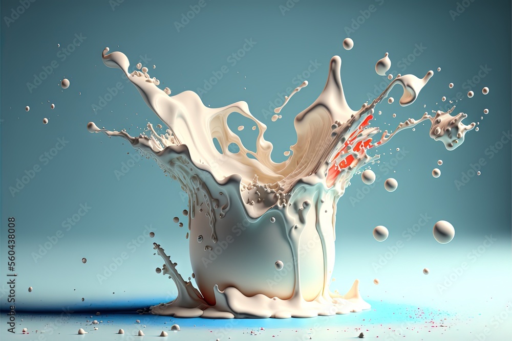 Poster a splash of milk is in the air with water droplets around it and a red object in the middle of the s