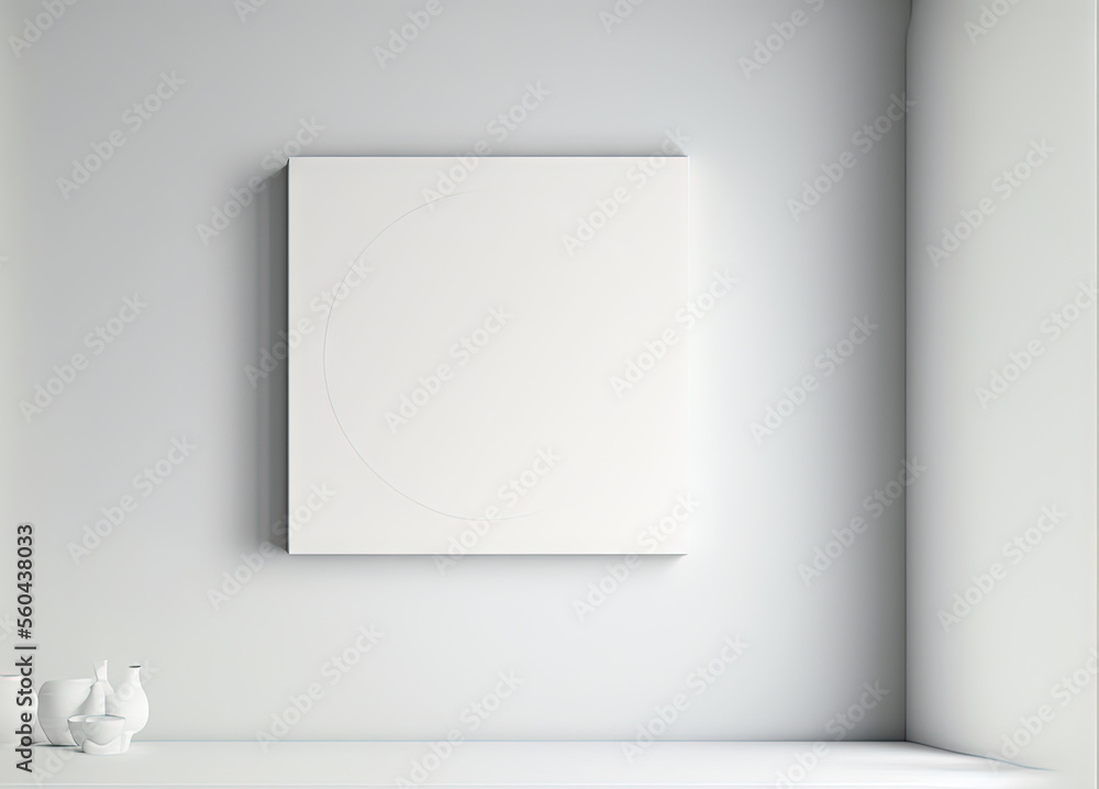 Poster a white shelf with a white square on it and three white vases on it in front of a white wall with a 