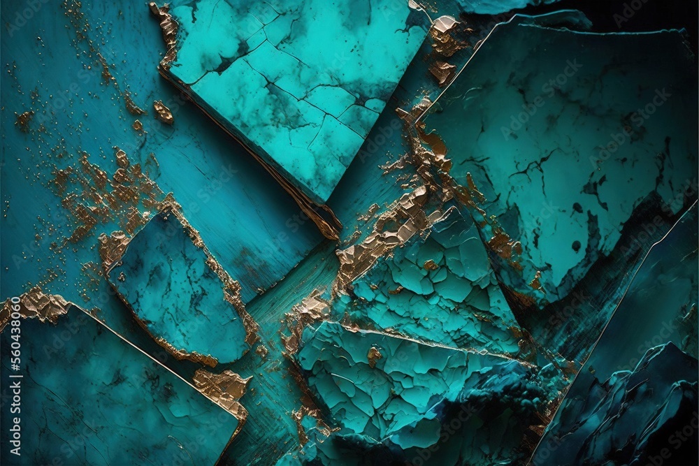 Poster a close up of a blue and gold wall with a black background and a gold foil design on it's side and a