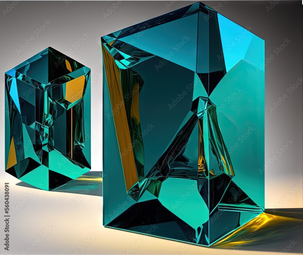 Aufkleber a blue and yellow crystal object sitting on a table next to a book case with a light reflection on i