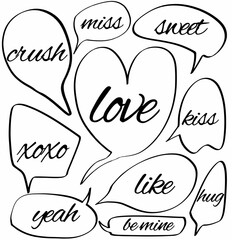 set hand drawn speech bubbles of miss, crush, sweet, love, kiss, хохо, like, yeah, be mine, hug. vector design illustration