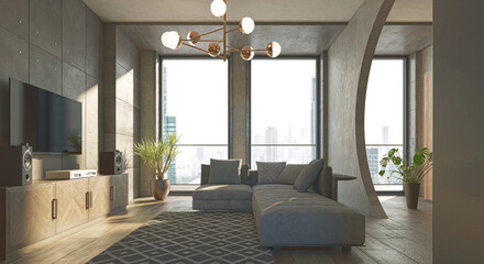 Luxurious and modern open space with circular holes in the walls, apartment inside a skyscraper in Dubai, project design, 3d rendering, 3d illustration