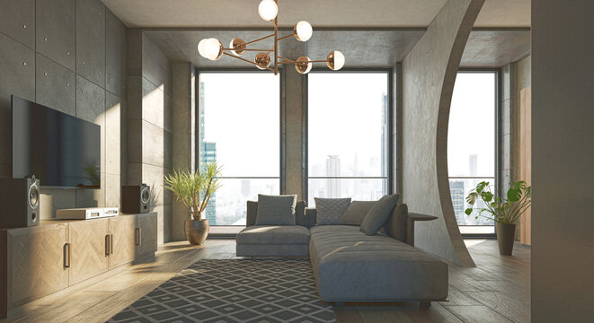 Luxurious and modern open space with circular holes in the walls, apartment inside a skyscraper in Dubai, project design, 3d rendering, 3d illustration